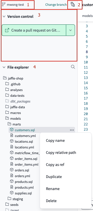 The Git repo link, documentation site button, Version Control menu, and File Explorer